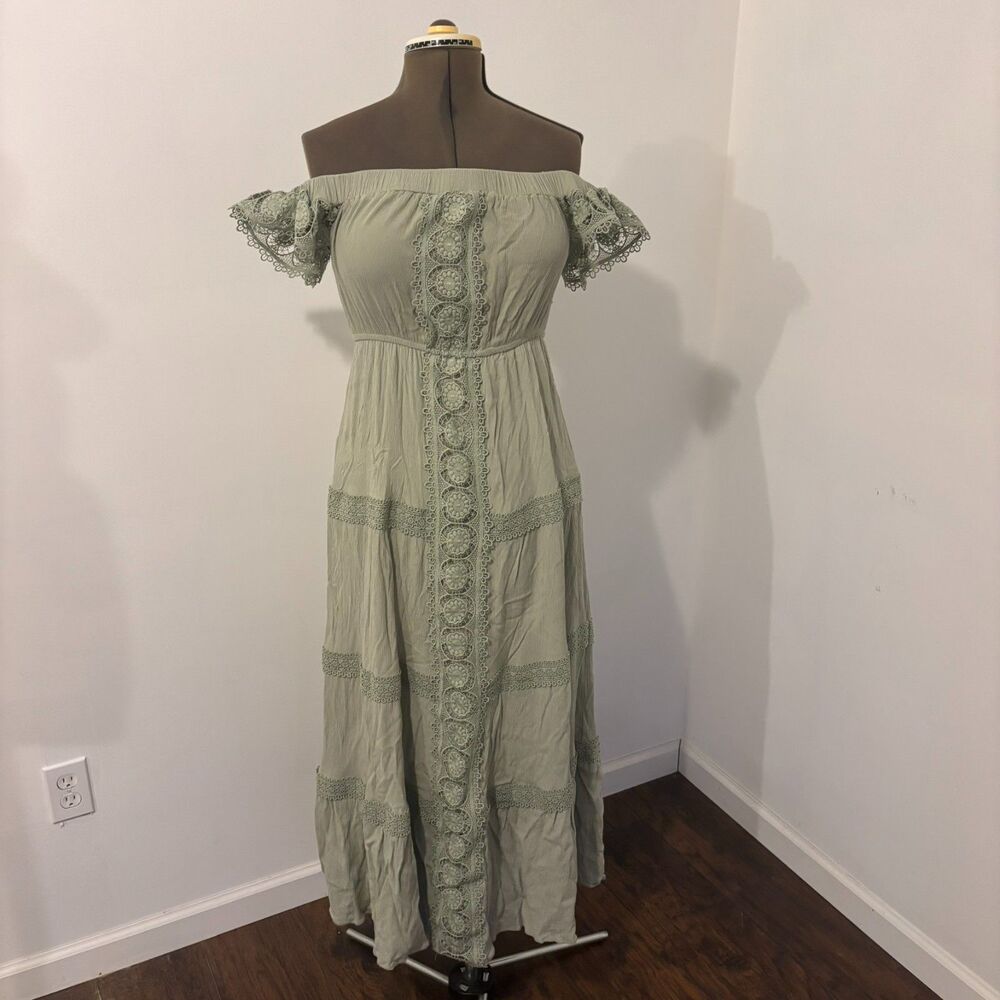 Faded Rose size Large Spring Green Crochet Cottagecore Boho Tiered Maxi Dress
